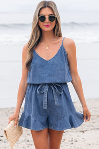 Aspyn Spaghetti Straps Ruffled Leg Chambray Romper