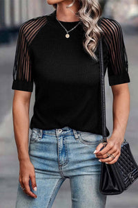 Stripe Mesh Sleeve Ribbed T-Shirt: Black / XL