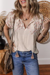 Louisa Embroidered Short Sleeve Tassel Tied Blouse
