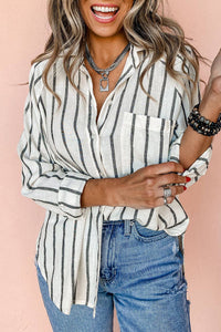 Stripe Chest Pocket Buttoned Oversized Shirt: Black Stripe