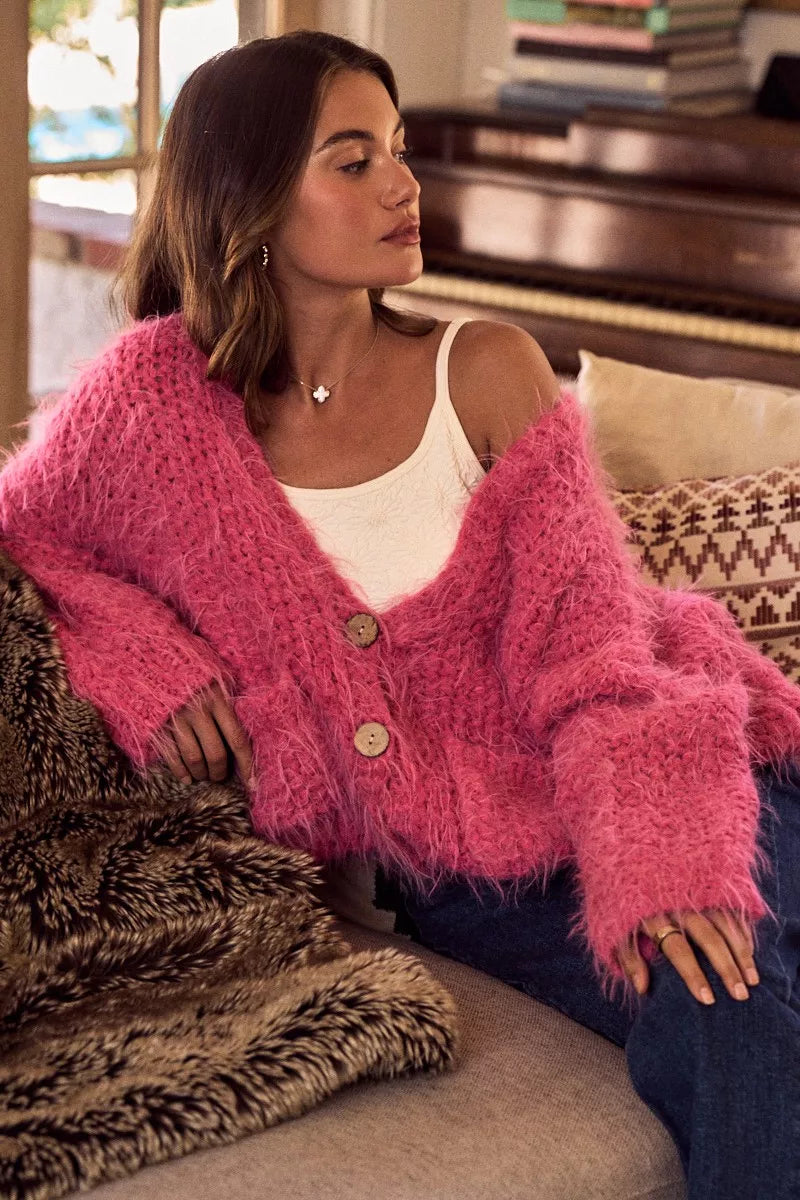 SO ME Soft Touch Hairy Loose Fit Cozy Sweater Cardigan