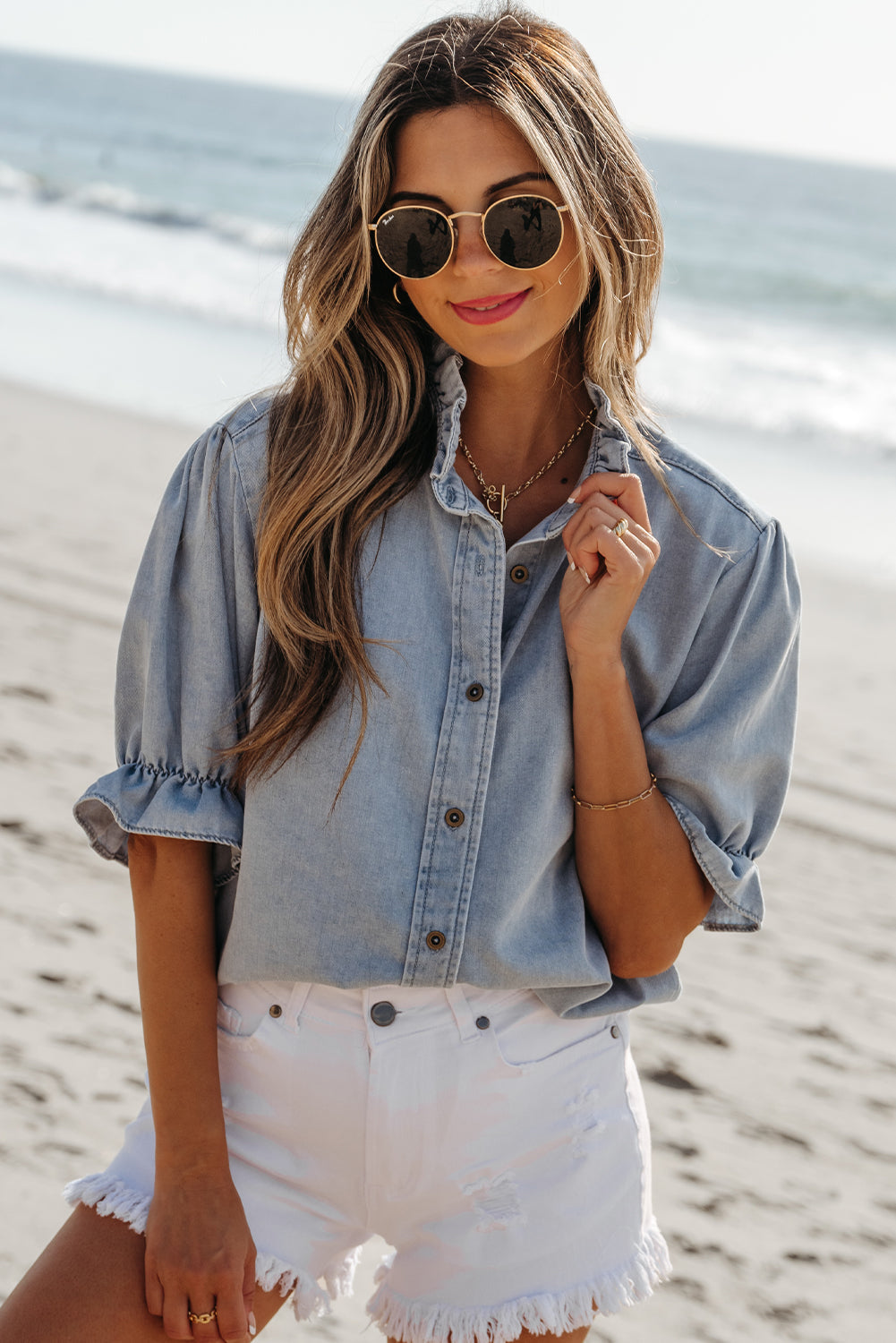 Aya Ruffle Short Puff Sleeve Summer Chambray Top