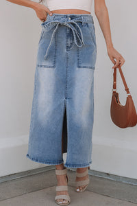 Ariah High Waist Midi Denim Skirt