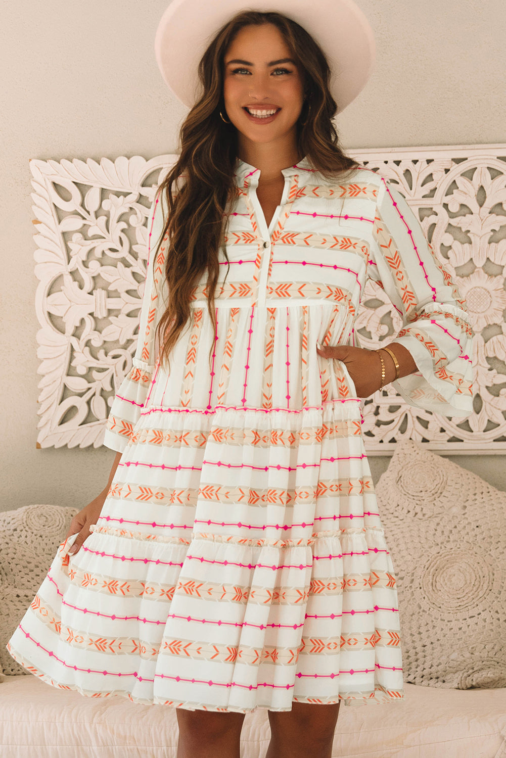 Winnie Bracelet Sleeve Slit Neck Ruffled Loose Dress