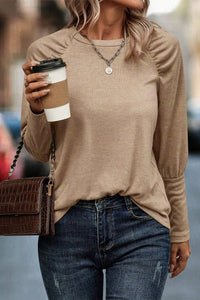 Solid Ruched Raglan Sleeve Knit Top: Khaki