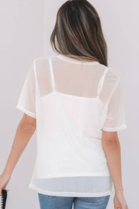 LDC Solid Color Sheer Mesh Patchwork Short Sleeve Top: White / S