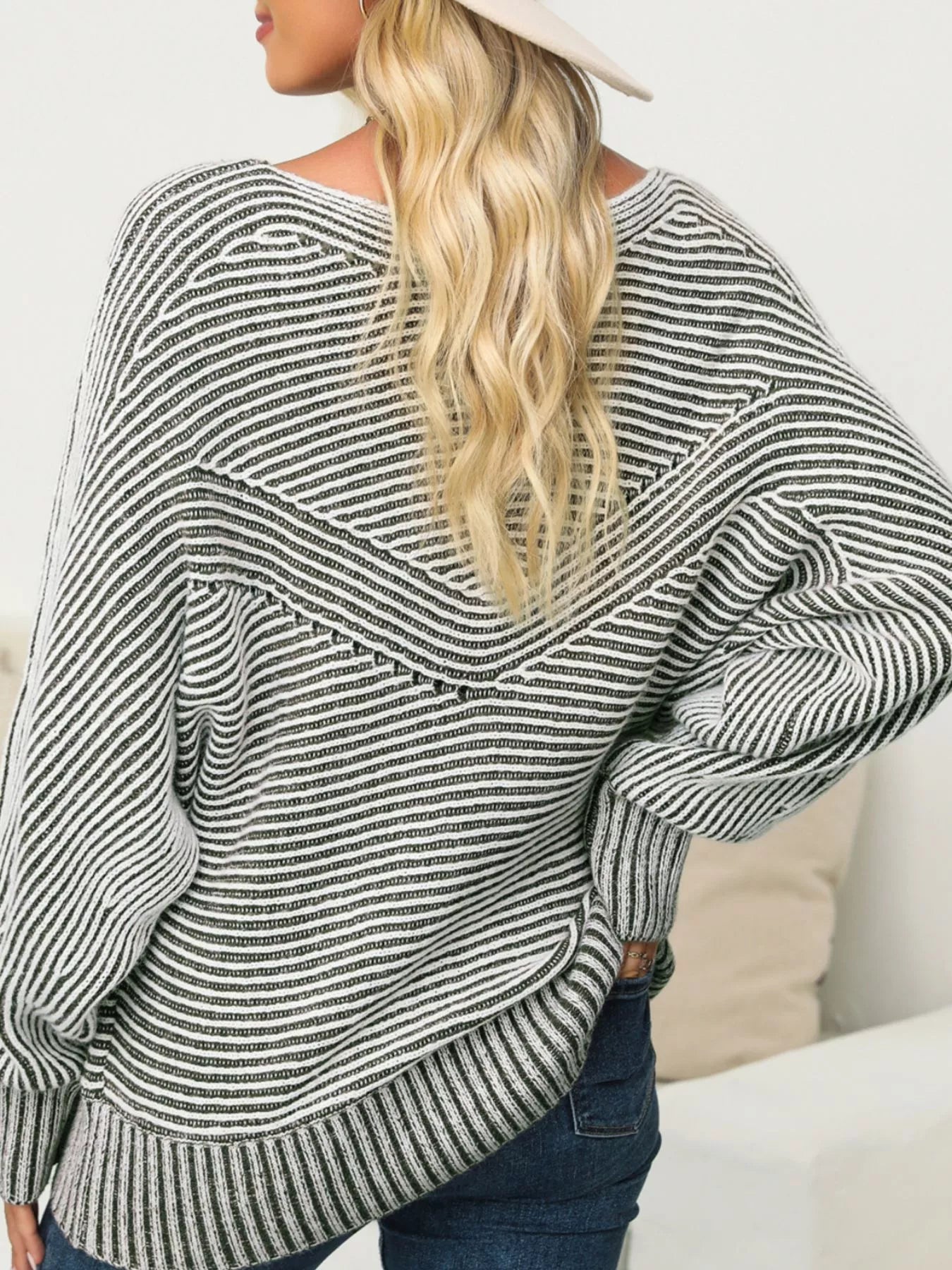 Striped Ribbed Knit Boat Neck Baggy Sweater