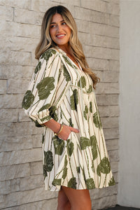 Angie Floral Striped Piping Puff Sleeve Dress