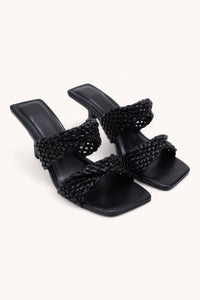 TWISTED WOVEN STRAP SLIP-ON MULE HEEL: BLACK