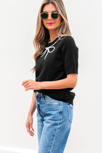 Bria Pearl Bow Short Sleeve Knitted Top