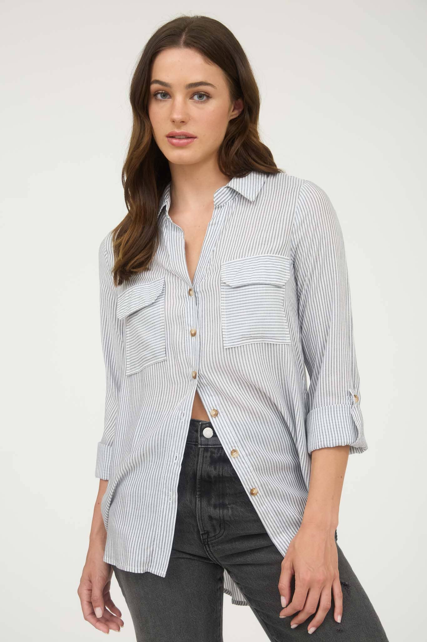 STRIPED COLLARED BUTTON DOWN WITH POCKETS : BLACK