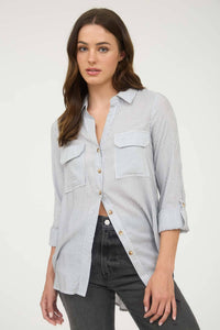 STRIPED COLLARED BUTTON DOWN WITH POCKETS : BLACK