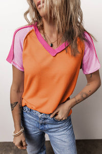 Colorblock Waffle Ribbed V-Neck T-Shirt: Orange / XL