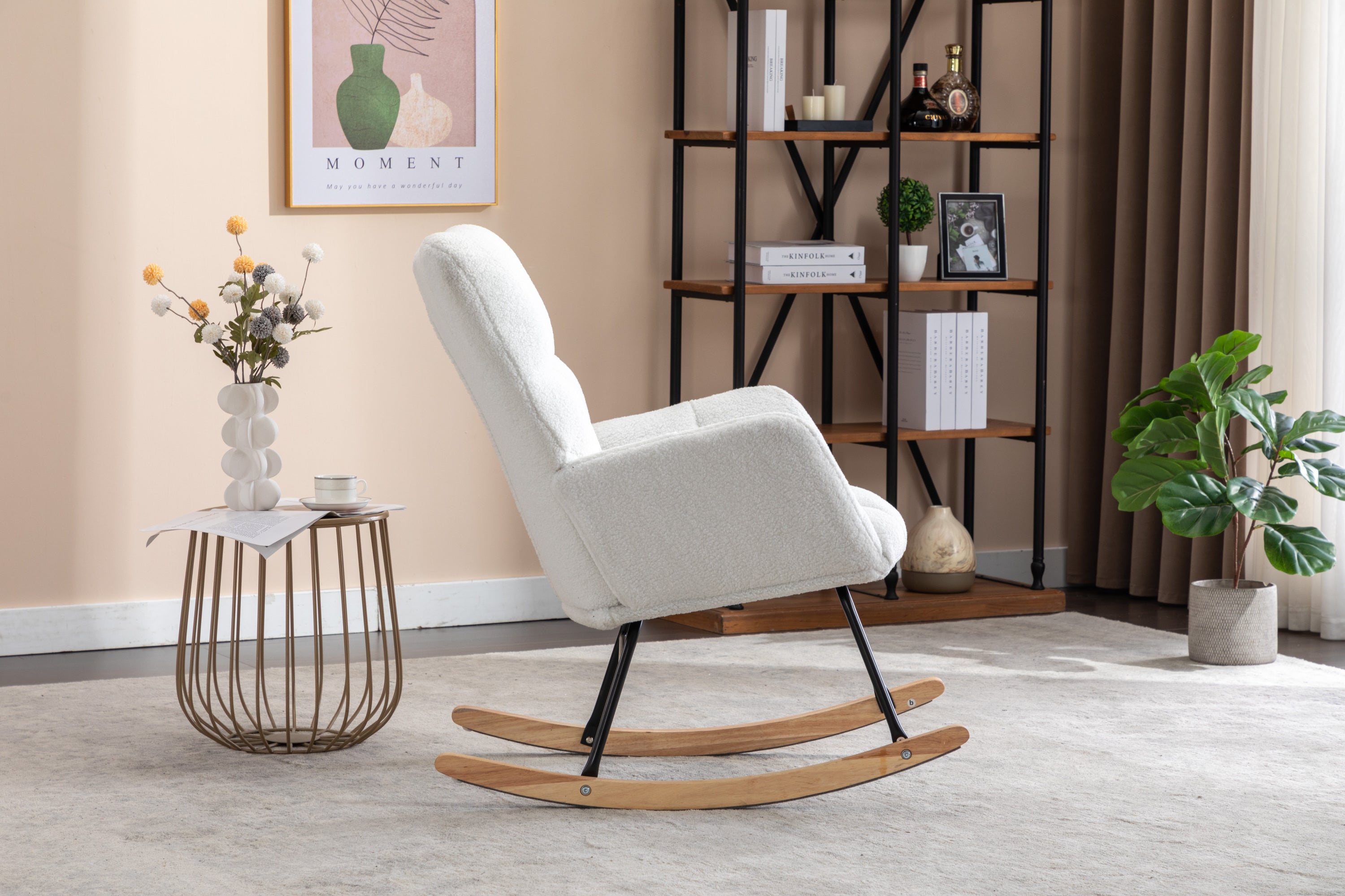 050-Teddy Fabric Rocking Gilder Nursery Chair For Living Room Indoor,Ivory