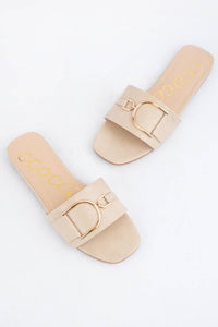 GOLDEN D-RING STRAP SLIP-ON SANDALS: BEIGE