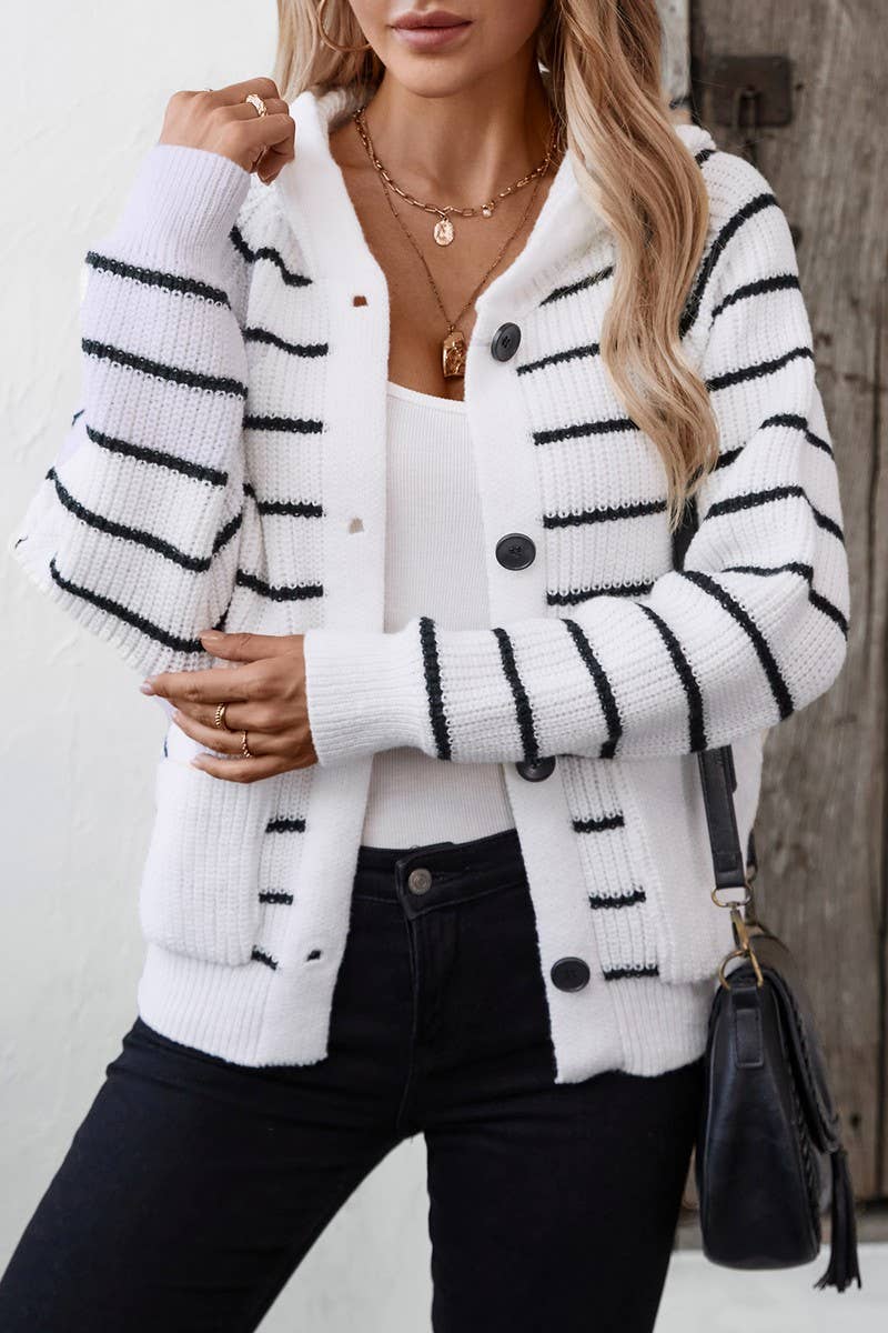 HOODED POCKET STRIPED KNITTED CARDIGAN