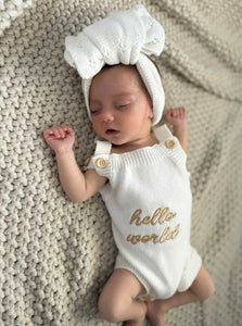 Newborn Knit Romper Set – Hello World, LITTLE SISTER and LITTLE BROTHER Embroidered Baby Outfit with Hat & Booties or Headband | Soft Coming Home Outfit