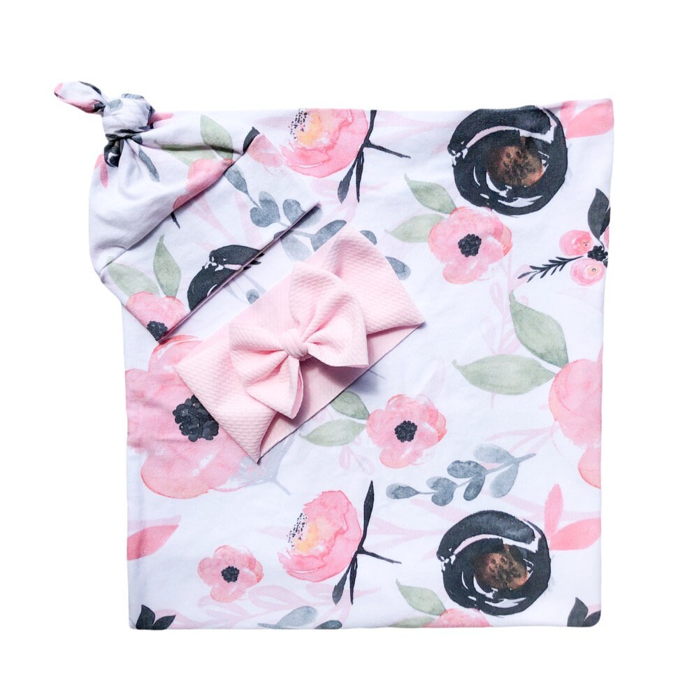 Pink Floral Baby Swaddle Set