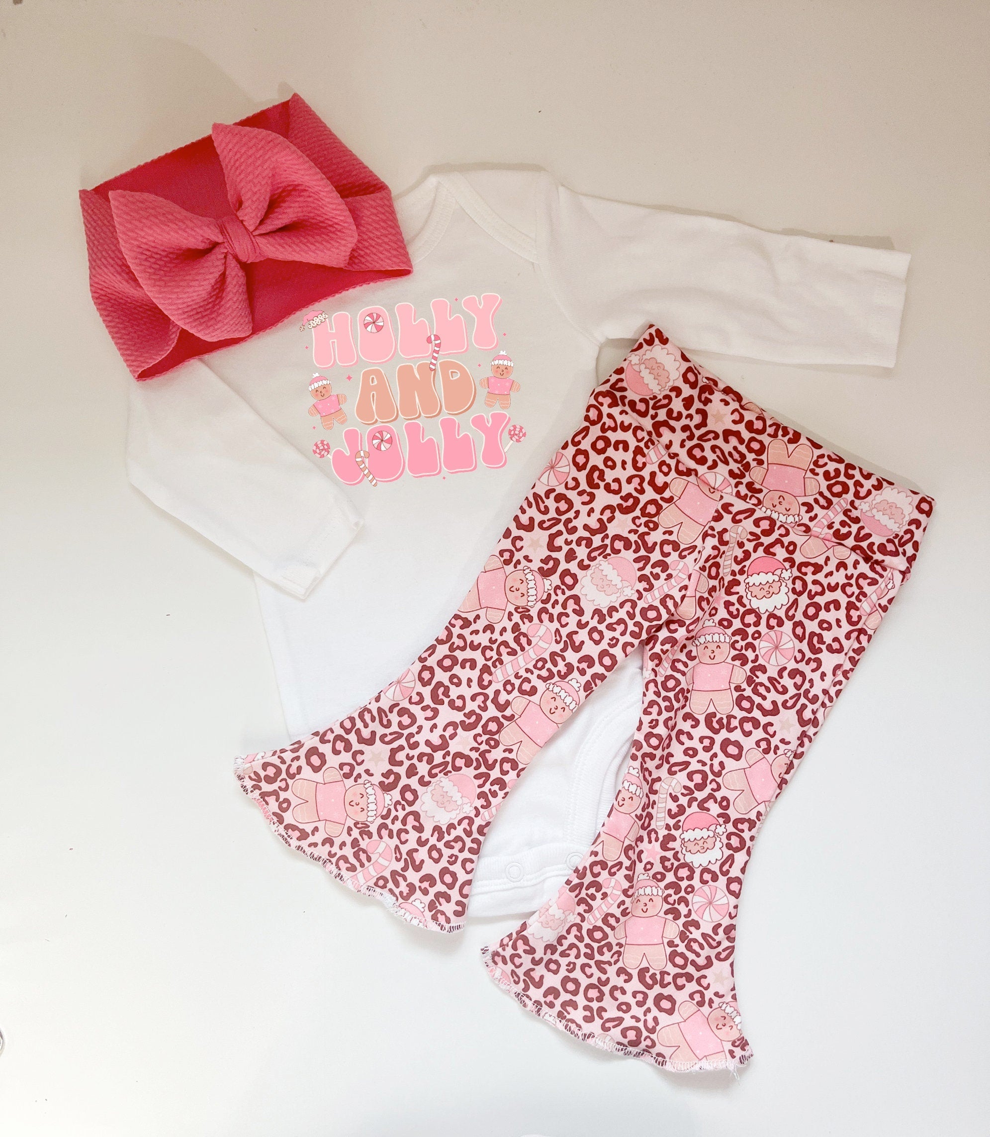Holly & Jolly Pink Cheetah Gingerbread Bell Bottom Outfit