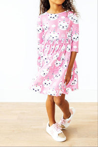 Unicorn Kitties 3/4 Sleeve Pocket Twirl Dress