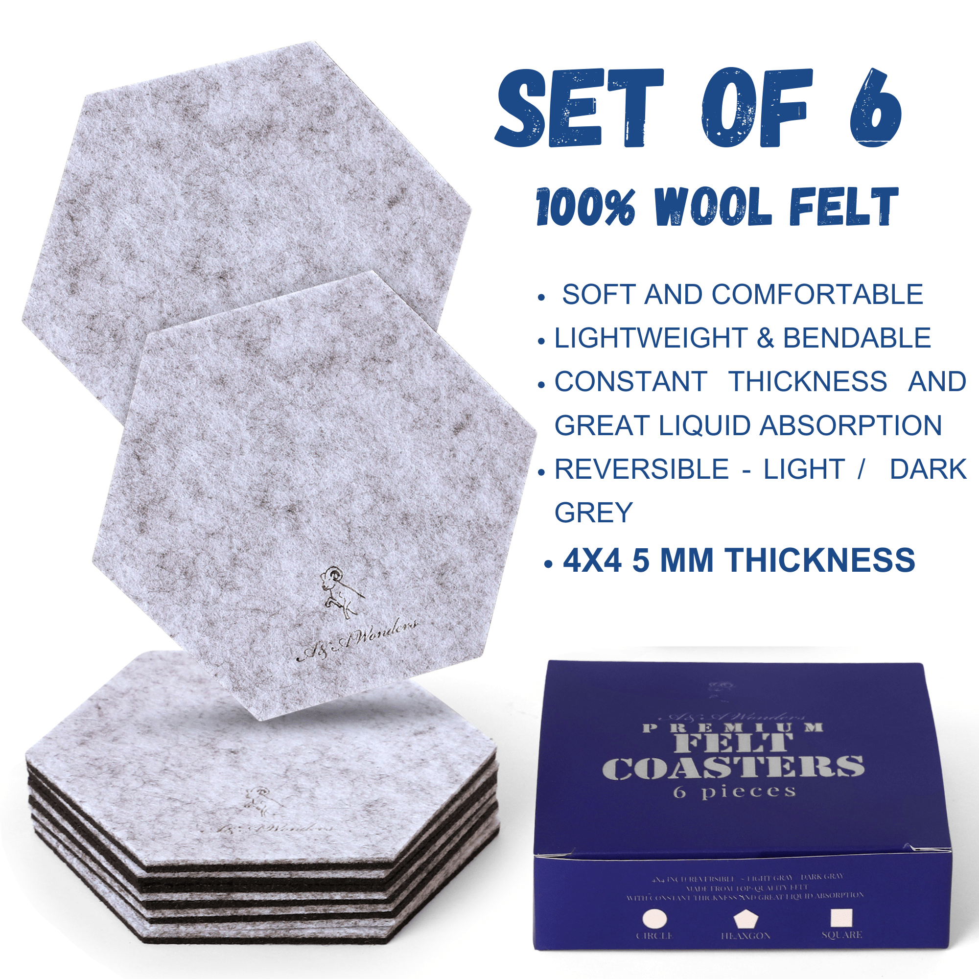 Premium Felt Coasters for Drink Set of 18 Pcs - (hexagon)